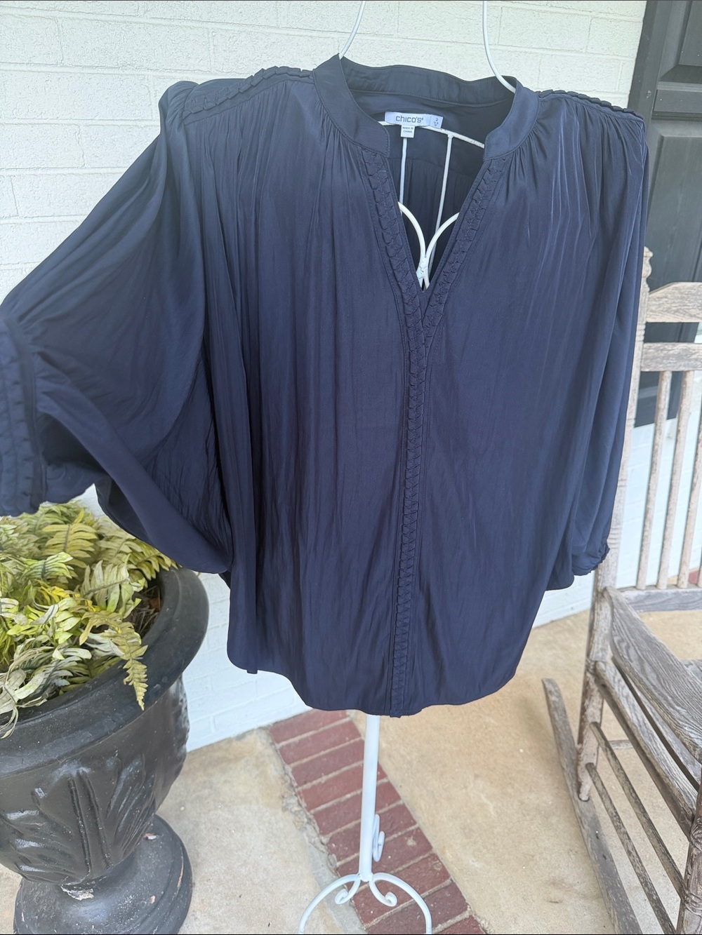 Chico's Navy Pleated V-Neck Blouse with Batwing Sleeves